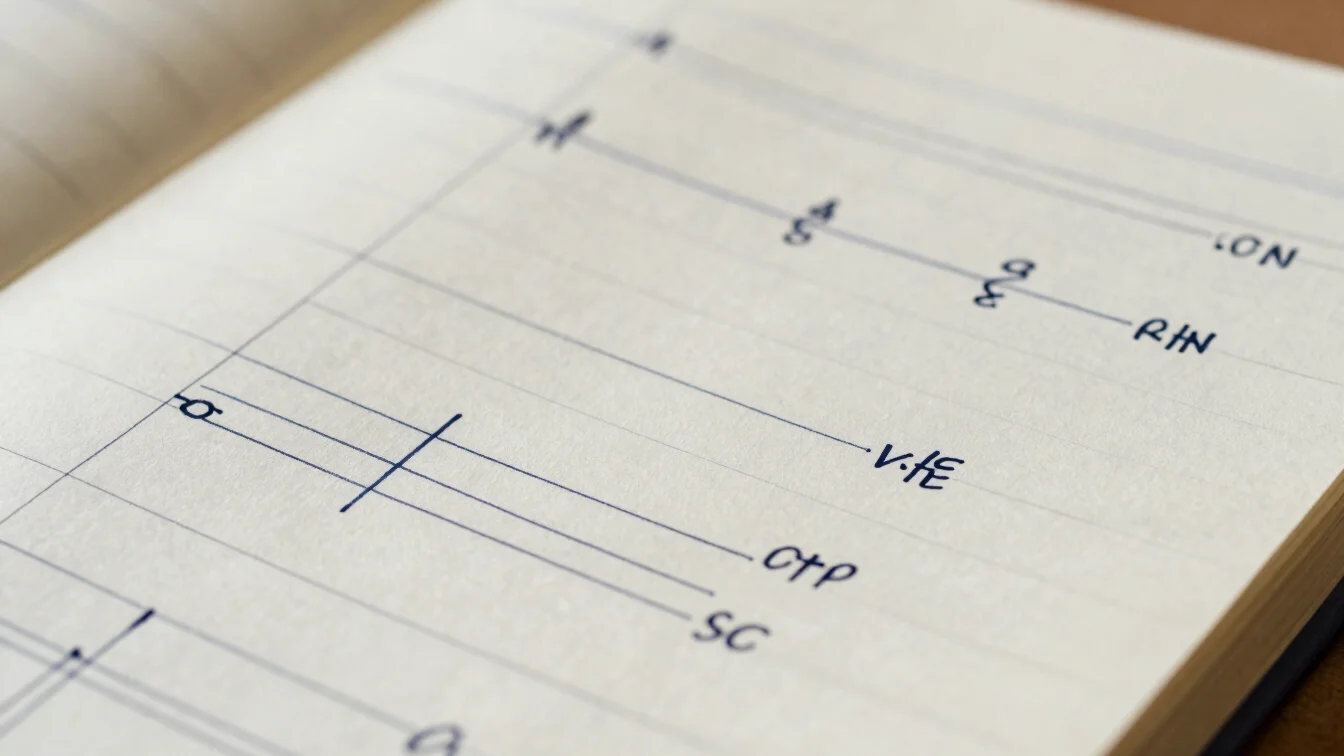 Close editorial detail of printed charts and a hand-annotated not