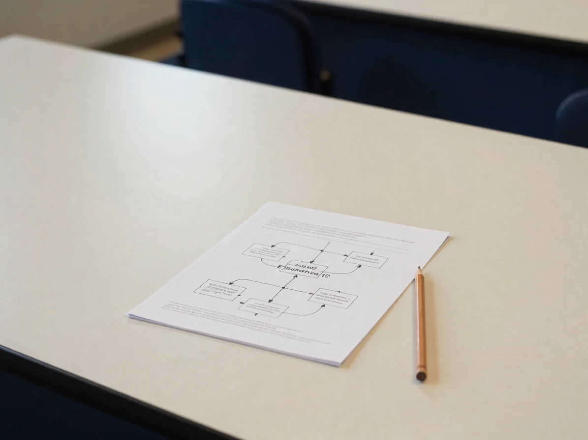 Soft diffuse daylight on a warm off-white desk, a printed technical paper with a hand-drawn diagram of a model evaluatio