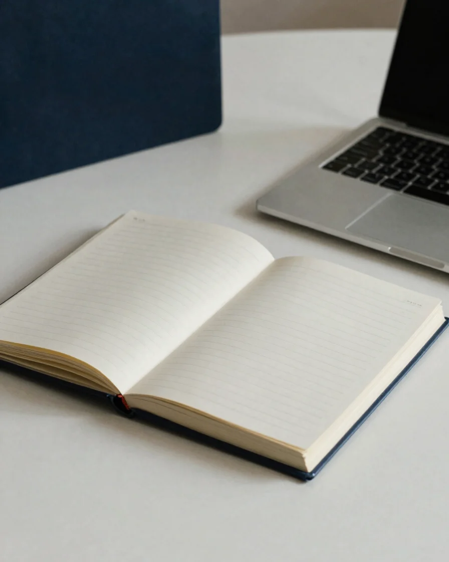Editorial photograph of an open notebook beside a laptop on a warm off-white table, soft diffuse daylight, deep navy acc