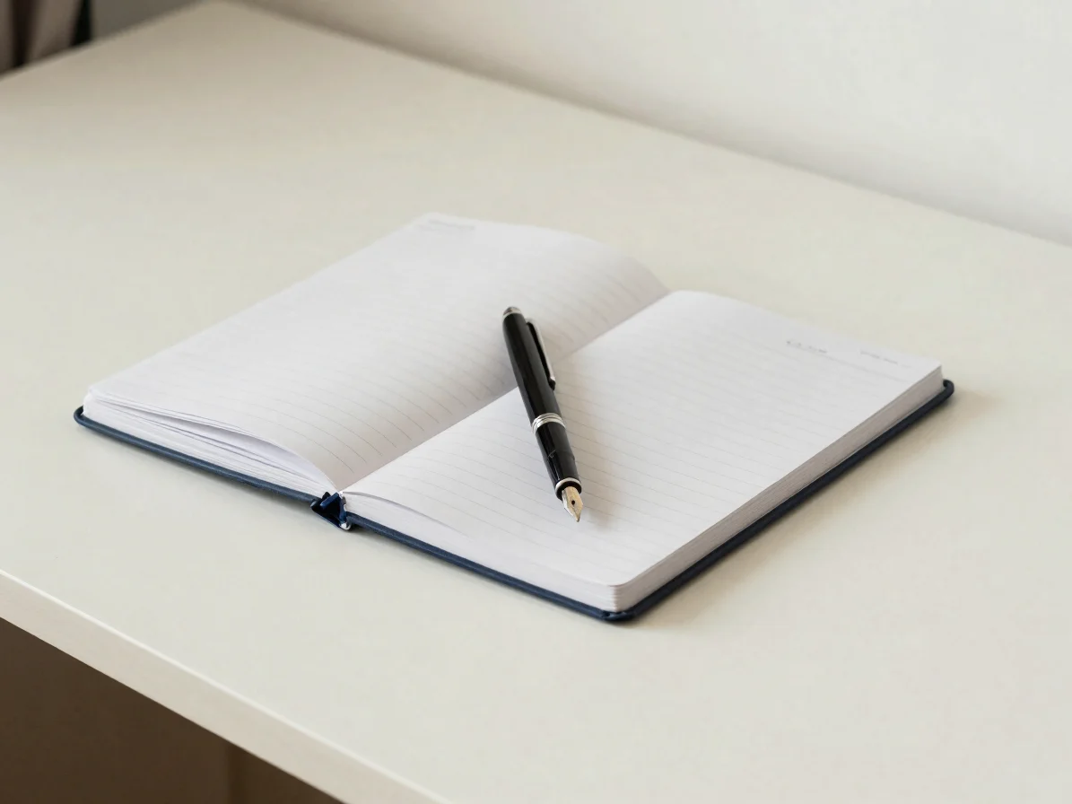 Soft diffuse daylight on a warm off-white desk, a closed notebook