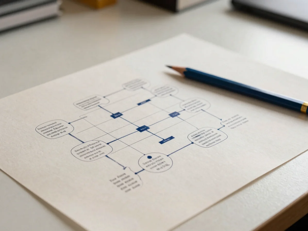 Wide, soft diffuse daylight across a clean desk with a printed system architecture diagram in warm off-white paper, a fi
