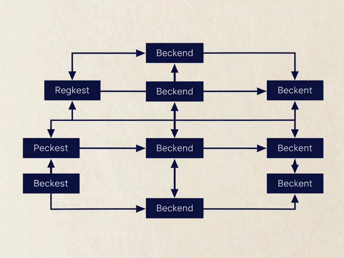 Wide schematic of a backend service topology drawn in deep navy o