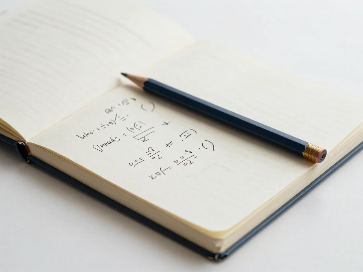 Close, soft-daylight editorial still life of an open notebook with handwritten equations and a pencil resting across the
