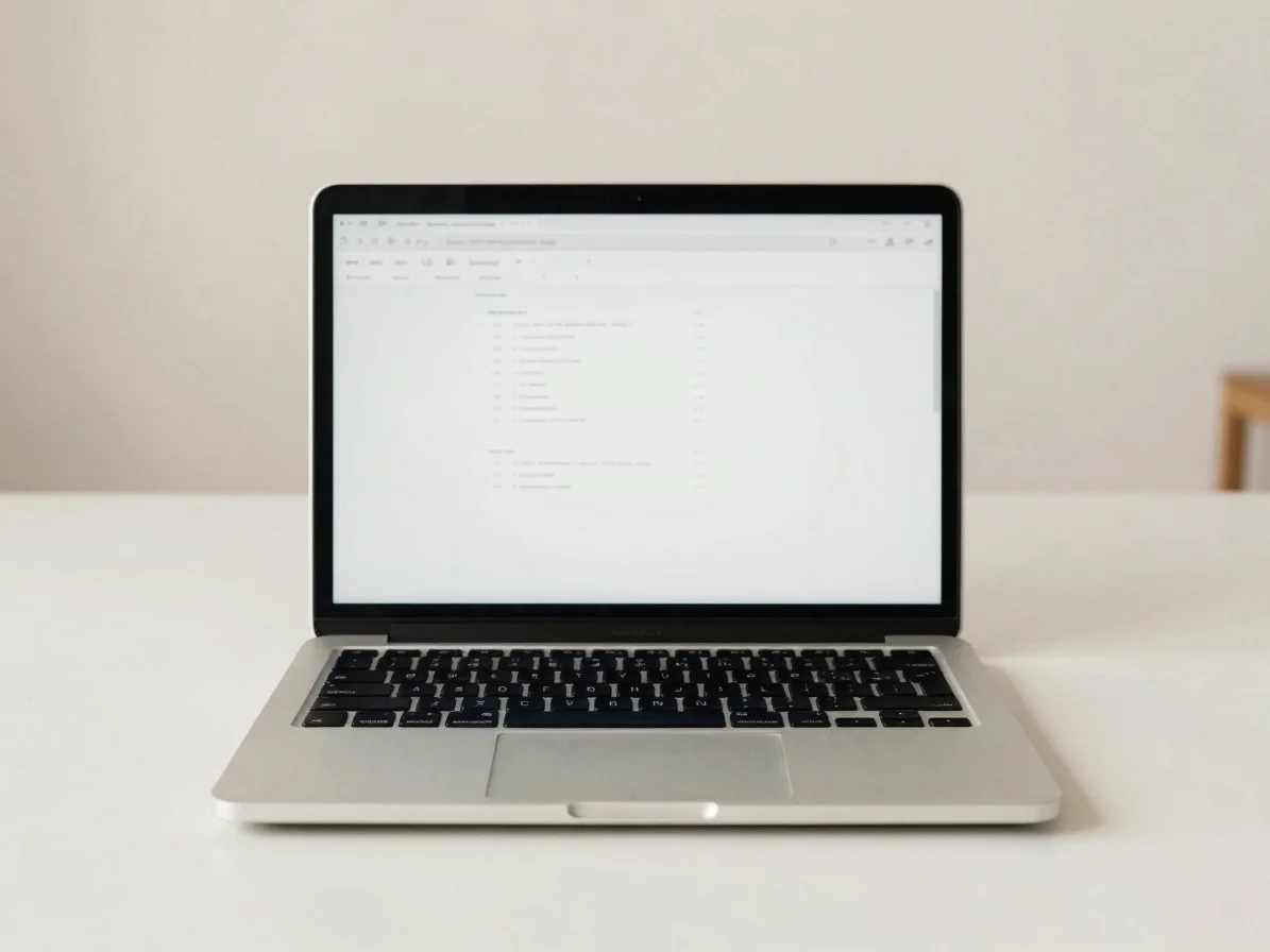 Close, soft daylight detail of a laptop screen showing a clean, minimal data visualization with a warm off-white desk su